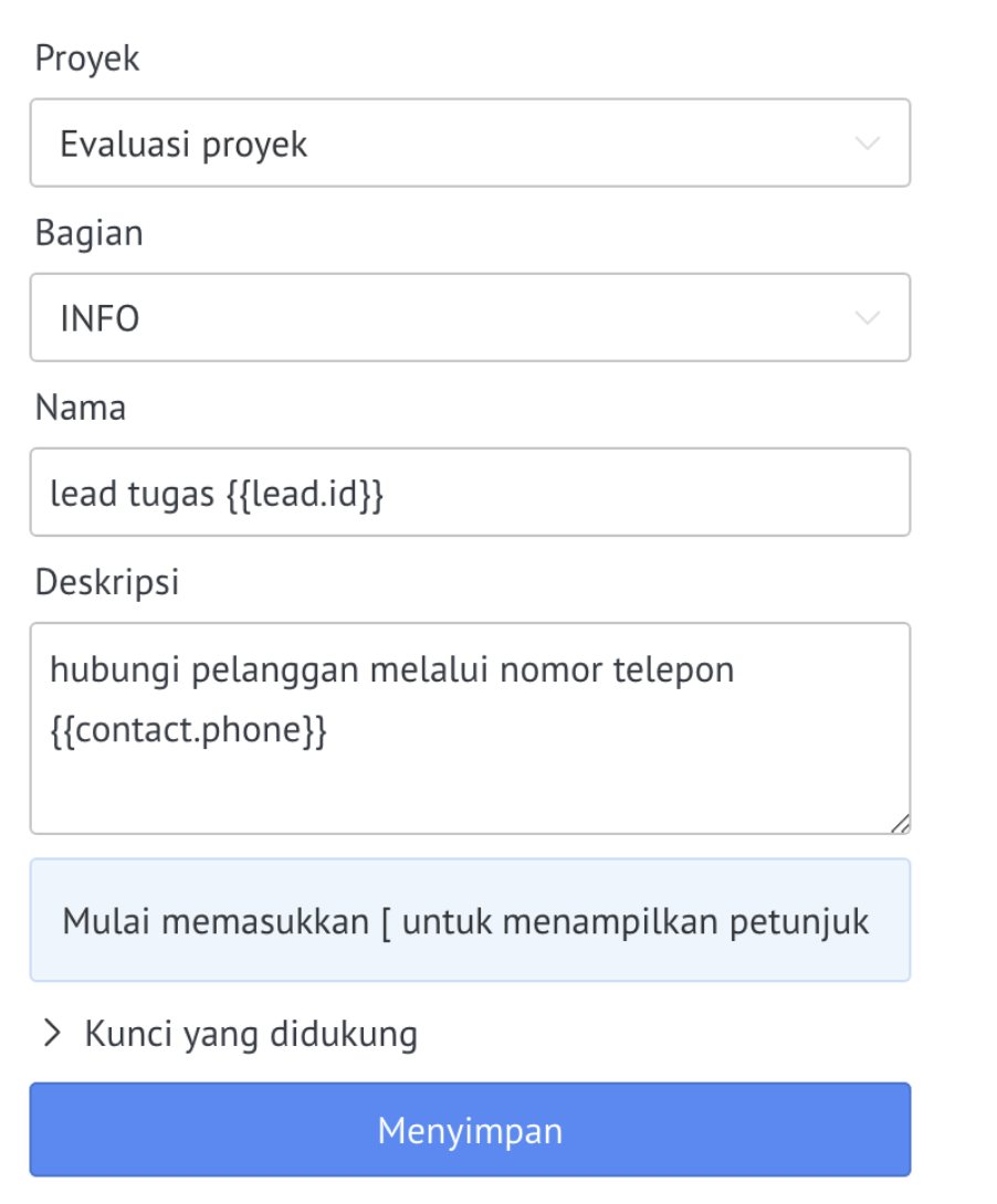 Mengisi judul dan deskripsi tugas dengan variabel Kommo