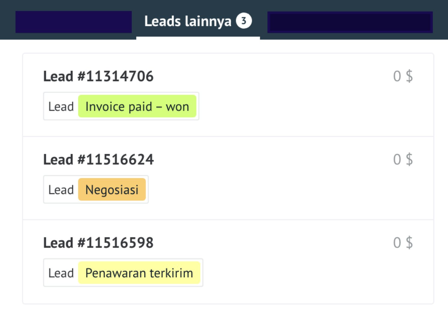 Tab penawaran lainnya di kartu lead
